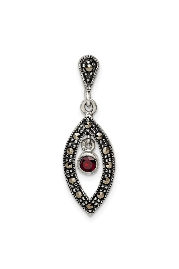 Fine Jewelry Mother's Day Gift 925 Sterling Silver Antiqued Marcasite & Red Glass Stone Pendant for Women