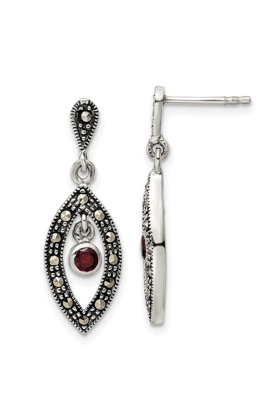 925 Sterling Silver Antiqued Marcasite & Red Glass Stone Dangle Earrings for Women