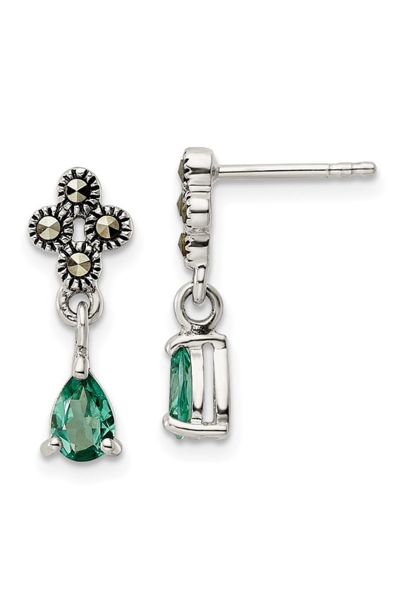 Fine Jewelry 925 Sterling Silver Antiqued Marcasite and Cr. Green Quartz Post Dangle Earrings for Women