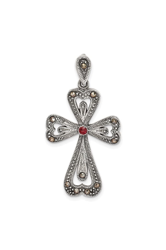Fine Jewelry 925 Sterling Silver Antiqued Marcasite and Garnet Cross Pendant for Women