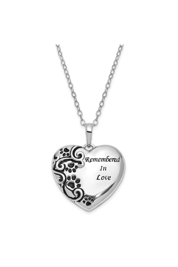 Fine Jewelry 925 Sterling Silver Antiqued Paw Print Remembered in Love Heart Necklace 18" for Women
