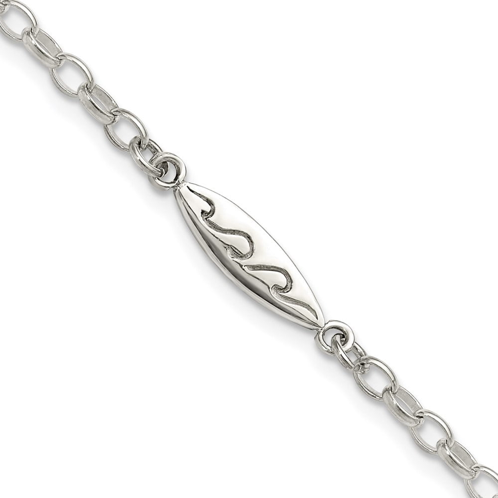 Auriga Fine Jewelry 925 Sterling Silver Antiqued Polished Etched Waves Surfboard Link 9inch Anklet for Women