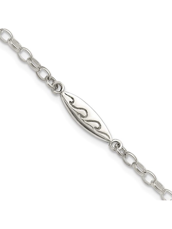Fine Jewelry 925 Sterling Silver Antiqued Polished Etched Waves Surfboard Link 9inch Anklet for Women