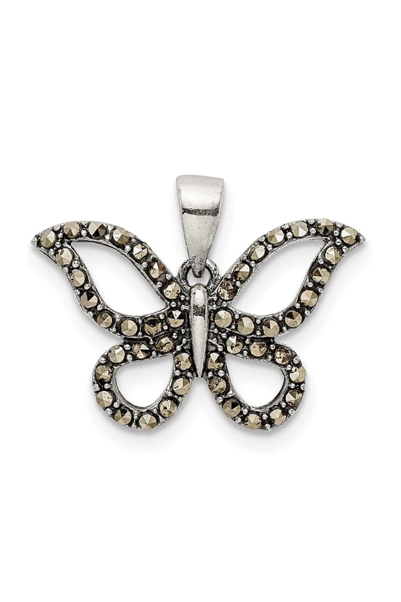 Fine Jewelry 925 Sterling Silver Antiqued Polished Marcasite Butterfly Pendant (L-17.3 mm, W-19.41 mm)