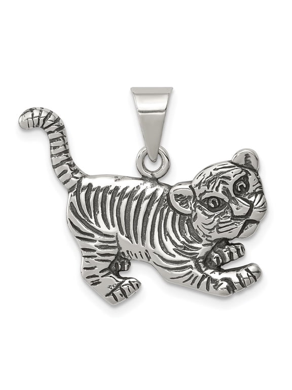 Fine Jewelry 925 Sterling Silver Antiqued Tiger Charm for Women L - 23mm, W - 26mm
