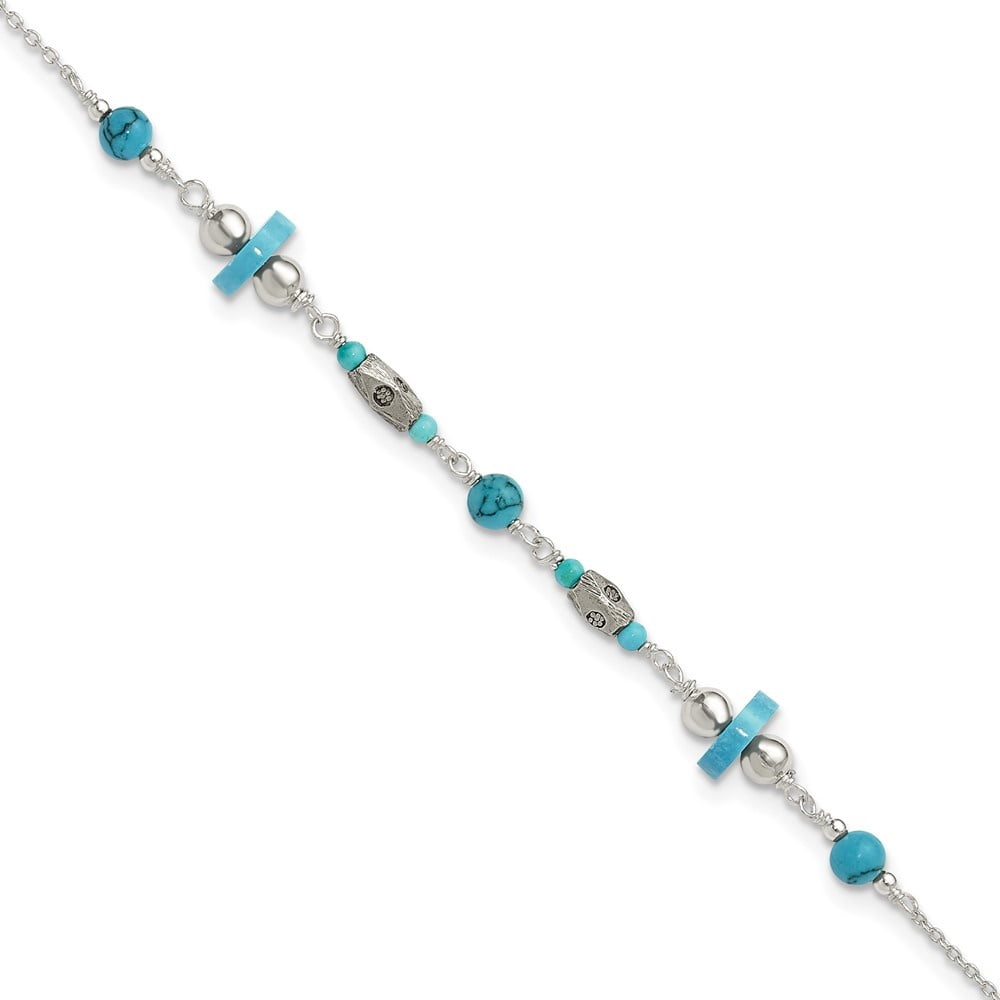 Auriga Fine Jewelry 925 Sterling Silver Antiqued Turquoise Beaded 10inch Anklet for Women