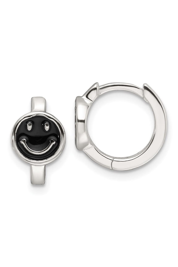 Fine Jewelry 925 Sterling Silver Black Enamel Smiley Face Huggie Hoop Earrings for Women (L-11.75mm, W-7.3mm)