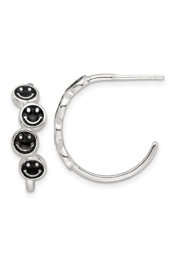 Fine Jewelry 925 Sterling Silver Black Enamel Smiley Face J- Hoop Earrings for Women