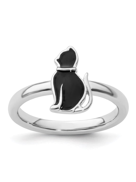 Fine Jewelry 925 Sterling Silver Black Enameled Cat Ring for Women Size 10
