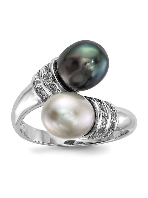 Fine Jewelry 925 Sterling Silver Black Grey Rice Cultured Pearl and Zirconia Ring Size 7 for Women