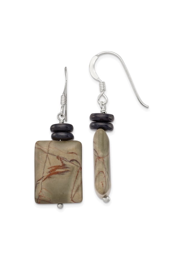 Fine Jewelry 925 Sterling Silver Black Mother of Pearl and Picasso Jasper Dangle Earrings for Women