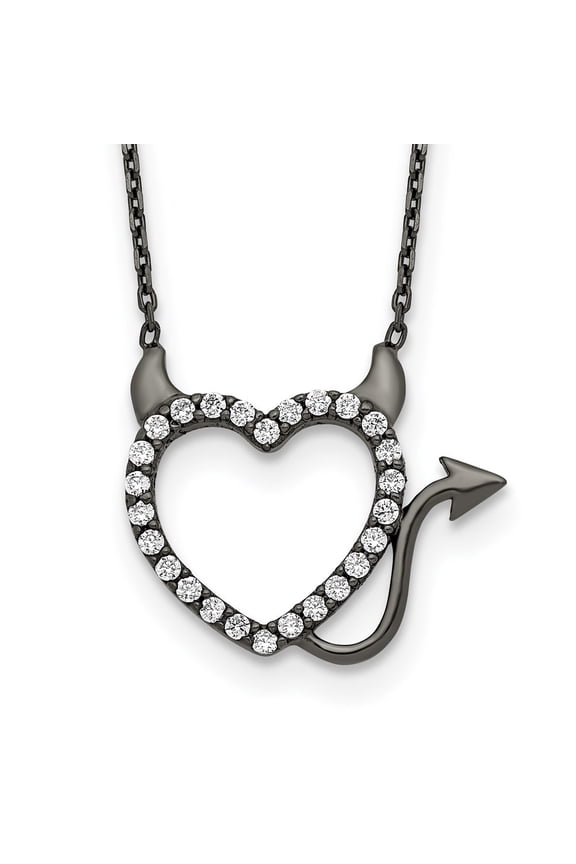 Fine Jewelry 925 Sterling Silver Black Ruthenium Plated Devil Heart CZ Necklace 16" for Women