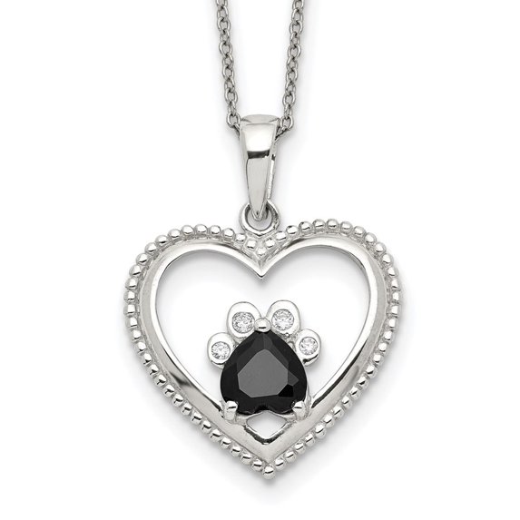 Auriga Fine Jewelry 925 Sterling Silver Black and White CZ Heart with Paw Print Necklace 18" for Women