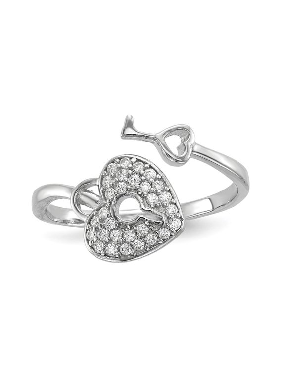Fine Jewelry 925 Sterling Silver CZ Heart Lock and Key Ring Size 6for Women
