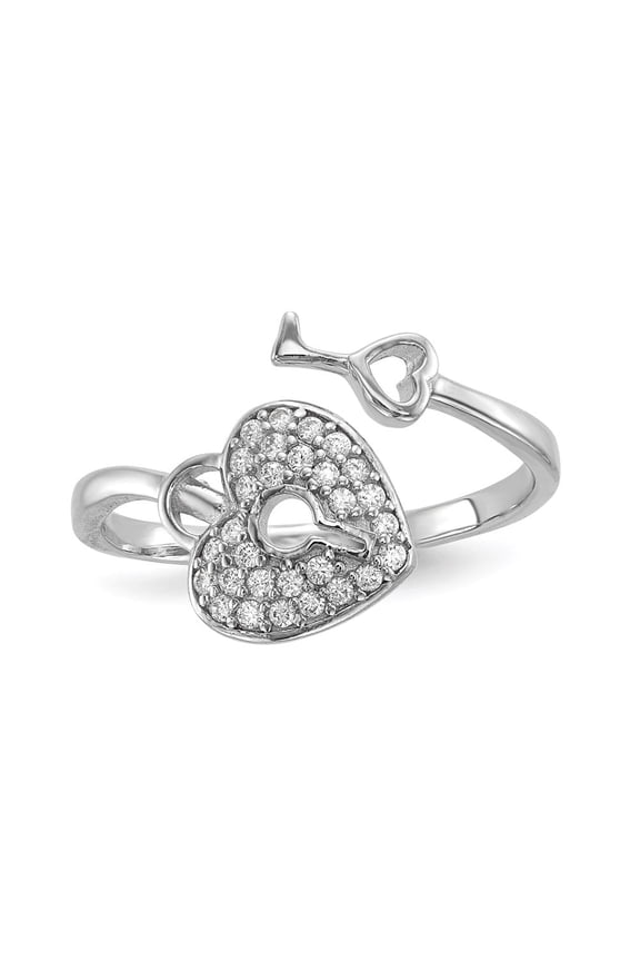 Fine Jewelry 925 Sterling Silver CZ Heart Lock and Key Ring Size 7 for Women