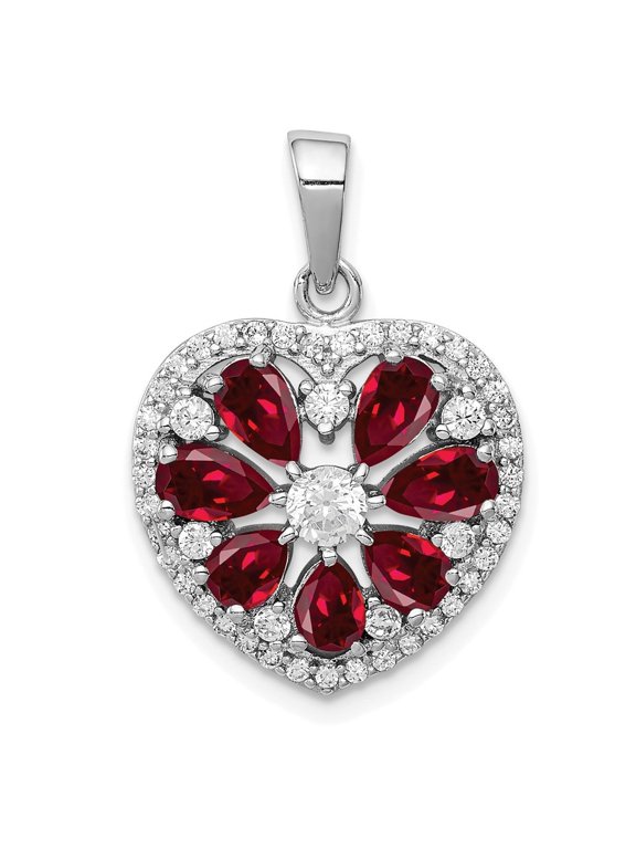 Fine Jewelry 925 Sterling Silver CZ and Lab Cr. Ruby Heart Pendant for Women