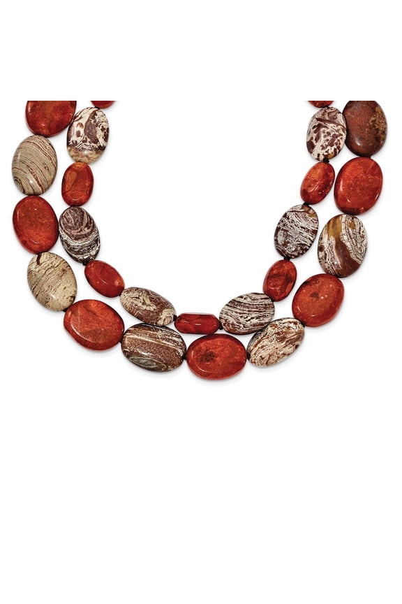 Fine Jewelry 925 Sterling Silver Carnelian/Reconstituted Coral/Red Zebra Jasper Necklace 26inch for Women