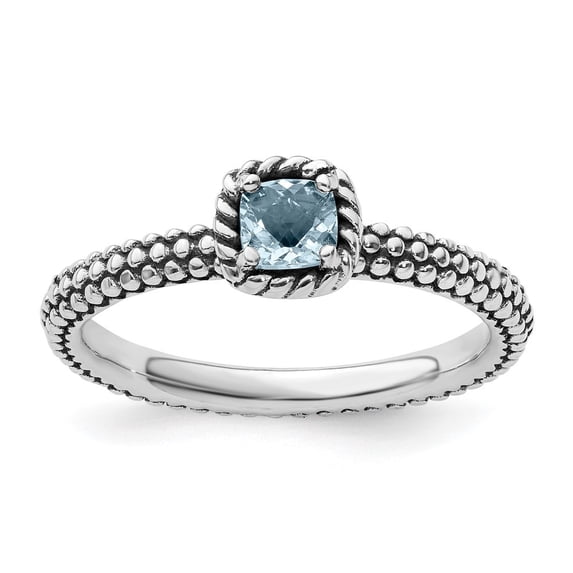 Auriga Fine Jewelry 925 Sterling Silver Checker-cut Aquamarine Antiqued Ring for Women Size 9