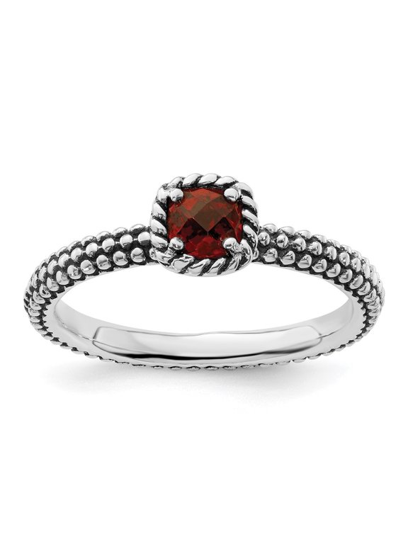 Fine Jewelry 925 Sterling Silver Checker-cut Garnet Antiqued Ring for Women Size 10