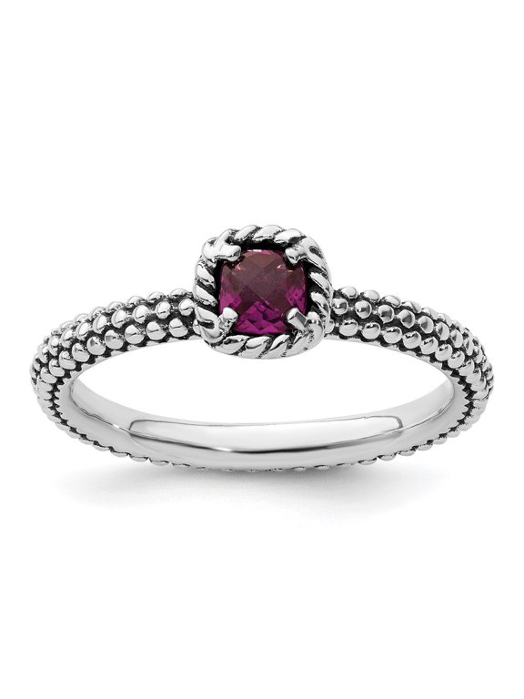Fine Jewelry 925 Sterling Silver Checker-cut Rhodolite Garnet Ring for Women Size 7