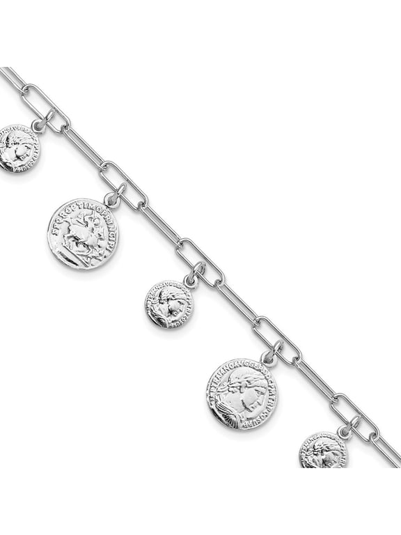 Fine Jewelry 925 Sterling Silver Coin Charm Bracelet 6.75inch for Women