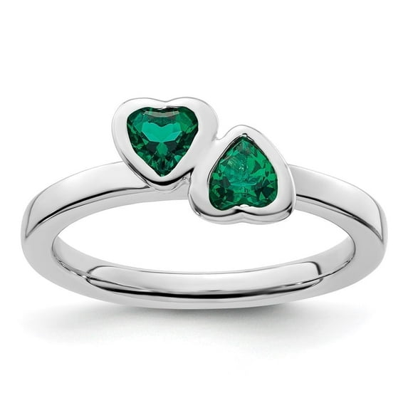 Auriga Fine Jewelry 925 Sterling Silver Created Emerald Double Heart Ring Size 6 Valentine's Day Gift for Women