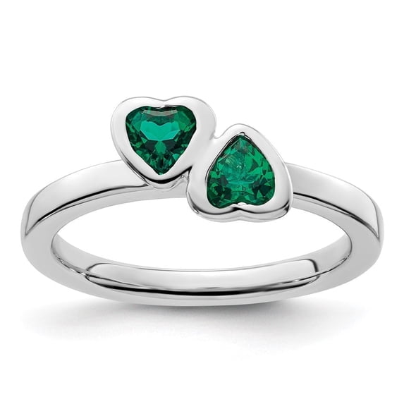 Auriga Fine Jewelry 925 Sterling Silver Created Emerald Double Heart Ring Size 8 Valentine's Day Gift for Women