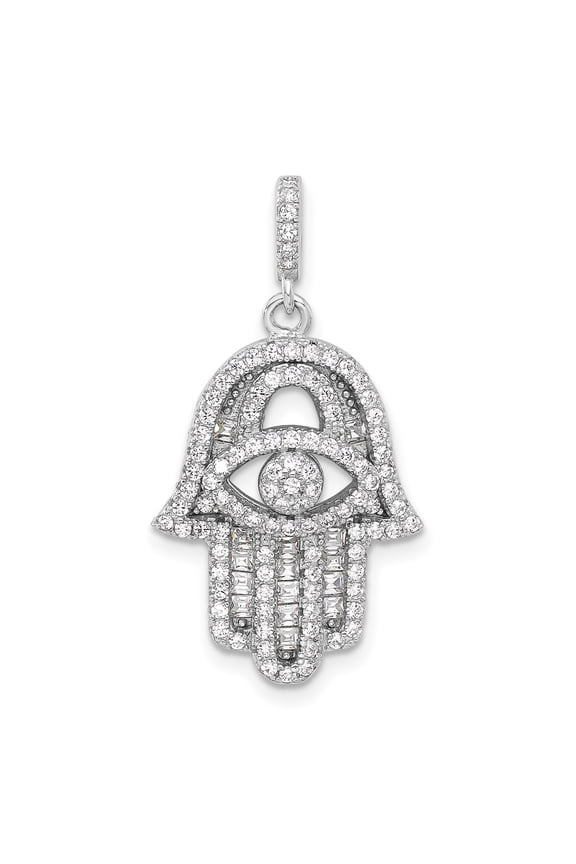 Fine Jewelry 925 Sterling Silver Cubic Zirconia Evil Eye Hamsa Pendant for Women (L- 23.13mm, W- 16.17mm)