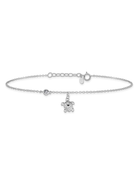 Fine Jewelry 925 Sterling Silver Cubic Zirconia Turtle Anklet 9inch for Women
