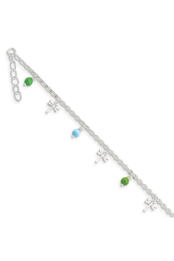 Fine Jewelry 925 Sterling Silver Dragonfly With Aqua Green Beads Chain Anklet 10inch for Women