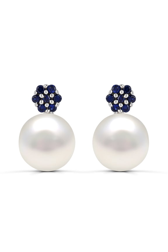 Fine Jewelry 925 Sterling Silver FWC Pearl with Created Blue Sapphire Earrings for Women