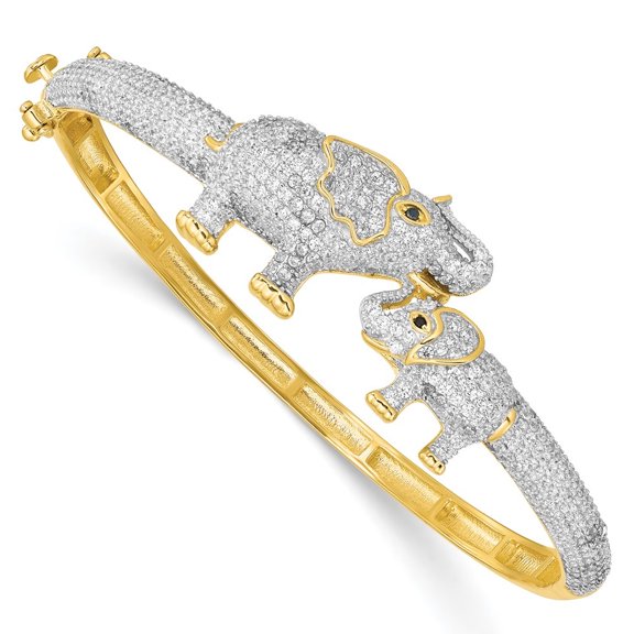 Auriga Fine Jewelry 925 Sterling Silver Gold Tone Mom and Zirconia Elephants Hinged Bangle for Women