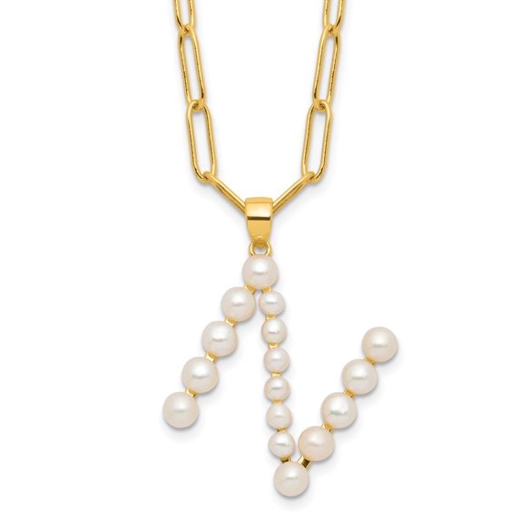 Auriga Fine Jewelry 925 Sterling Silver Gold-plated 3-5.5 mm FWC Pearl LETTER N 18in Necklace for Women 18"