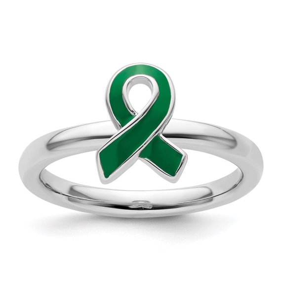 Auriga Fine Jewelry 925 Sterling Silver Green Enameled Awareness Ribbon Ring for Women Size 6