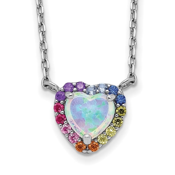 Auriga Fine Jewelry 925 Sterling Silver LG Opal and Colorful CZ Heart Necklace with 2" Ext. 18" for Women