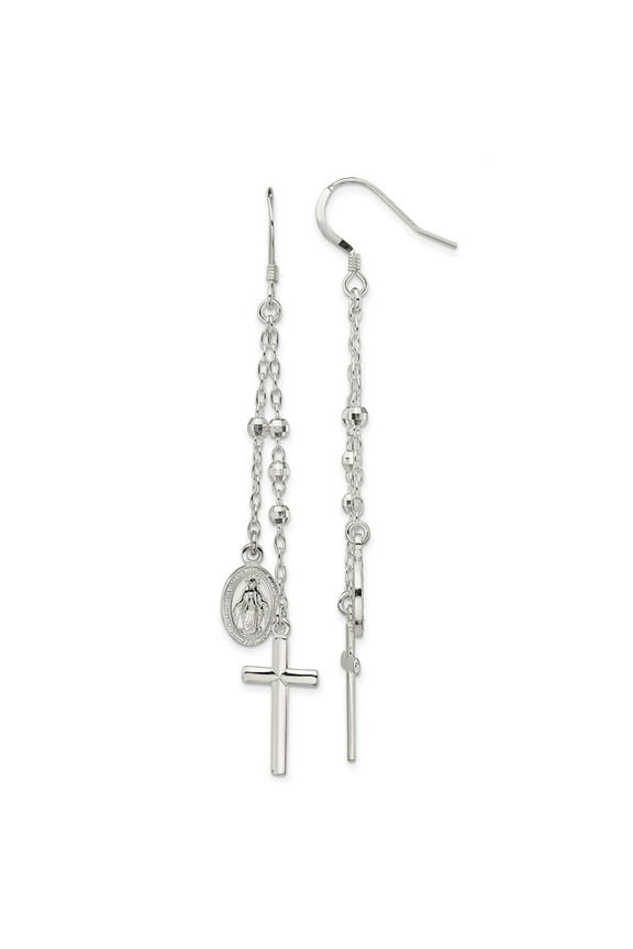 Fine Jewelry 925 Sterling Silver Miraculous Medal and Latin Cross Beaded Multi-Strand Dangle Earrings for Women