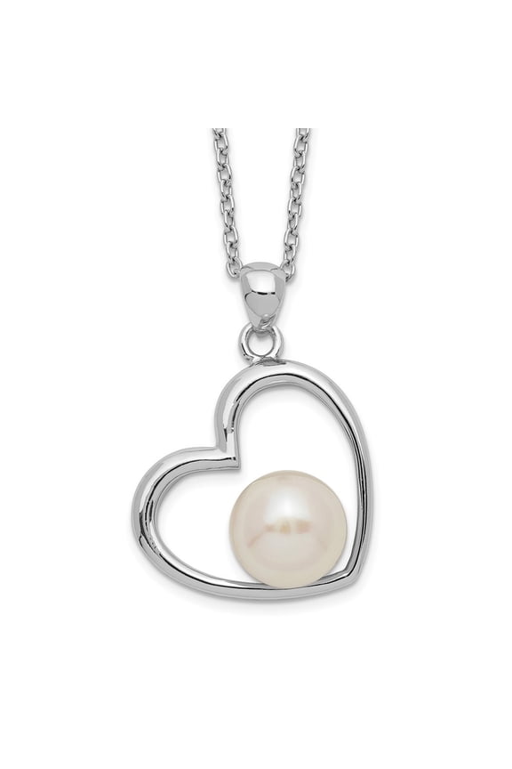 Fine Jewelry 925 Sterling Silver Open Heart with 7-8 mm White Button FWC Pearl 17" Necklace 17" for Women