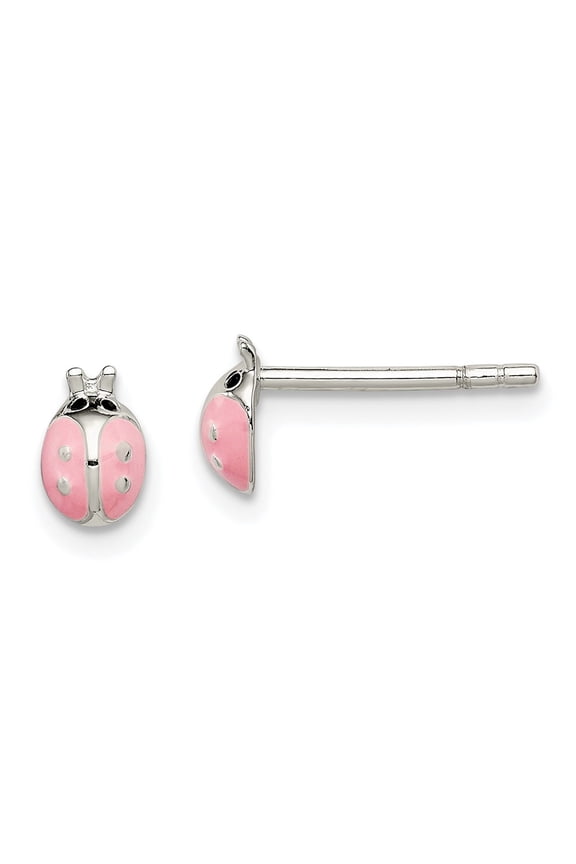 Fine Jewelry 925 Sterling Silver Pink Enamel Ladybug Mini Post Stud Earrings for Women
