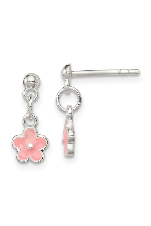 Fine Jewelry 925 Sterling Silver Pink Enameled Flower Mini Post Dangle Earrings for Women