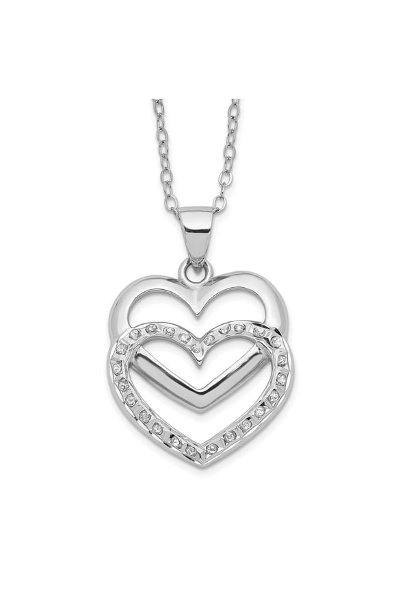 Fine Jewelry 925 Sterling Silver Platinum-Plated Diamond Double Heart Necklace 18" for Women