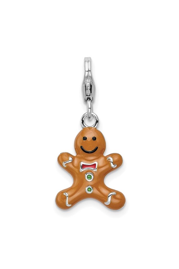 Fine Jewelry 925 Sterling Silver Polished 3-D Enameled Gingerbread Cookie Charm for Women w/ Fancy Lobster Clasp