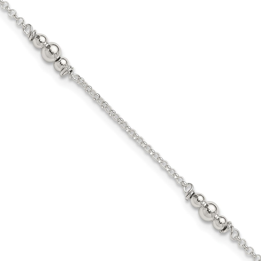 Auriga Fine Jewelry 925 Sterling Silver Polished Bead 10inch Plus 1in ext. Anklet for Women