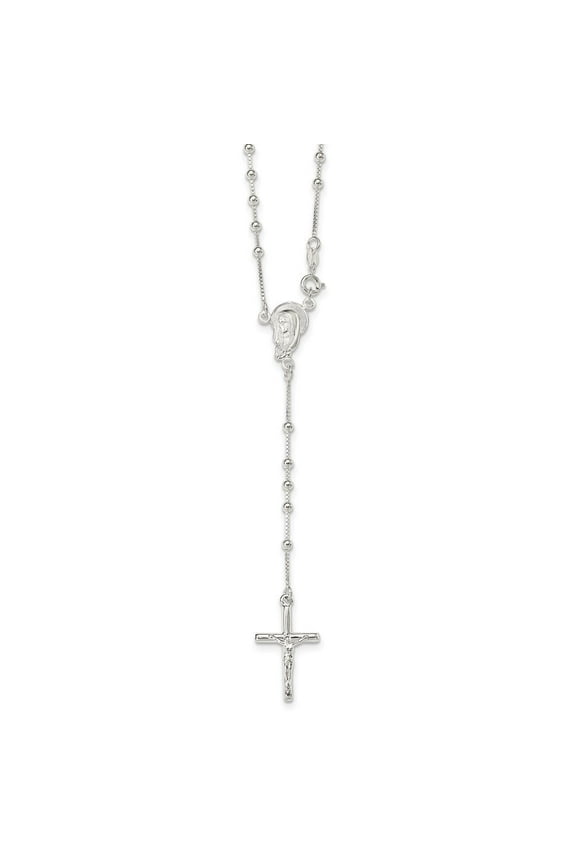 Fine Jewelry 925 Sterling Silver Polished Bead Rosary Necklace for Women 18"