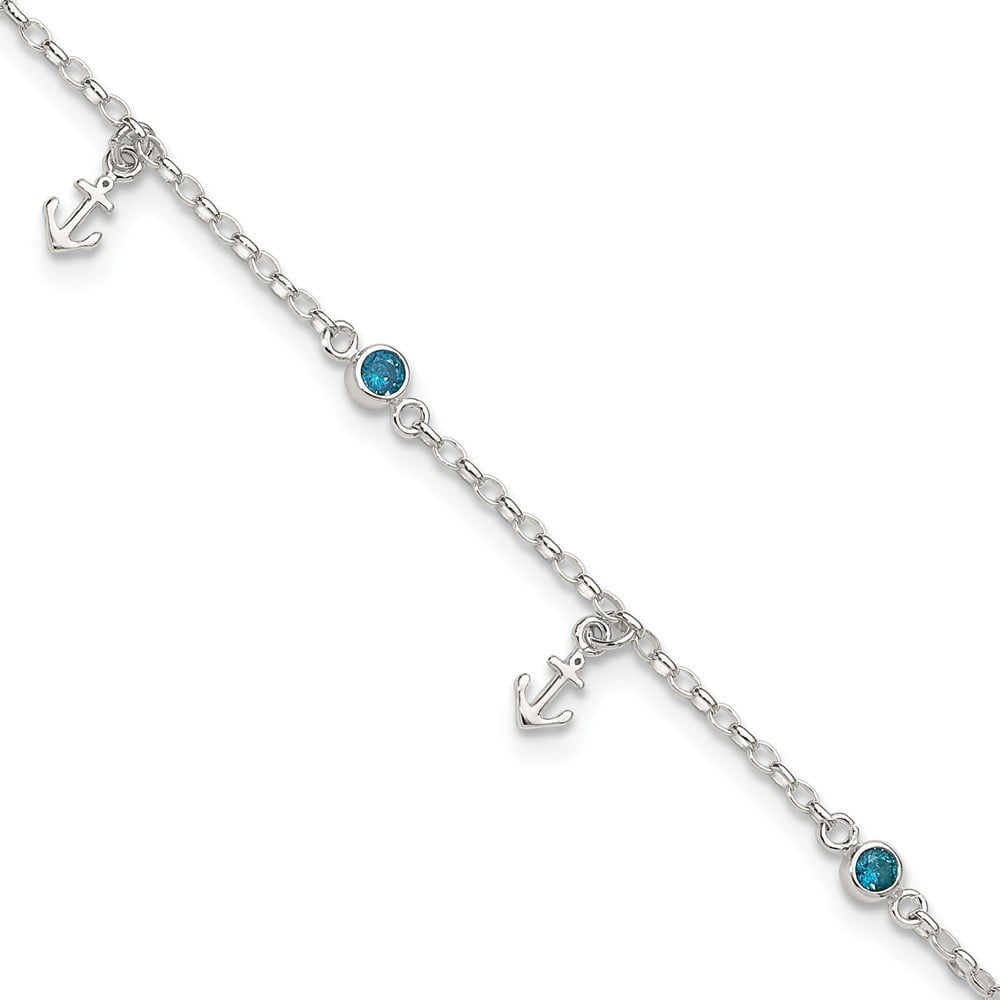 Auriga Fine Jewelry 925 Sterling Silver Polished Blue CZ and Anchors 9inch Plus 1in ext. Anklet for Women
