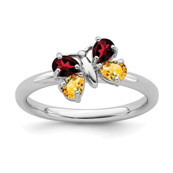 Auriga Fine Jewelry 925 Sterling Silver Polished Citrine and Garnet Butterfly Ring for Women Size 6