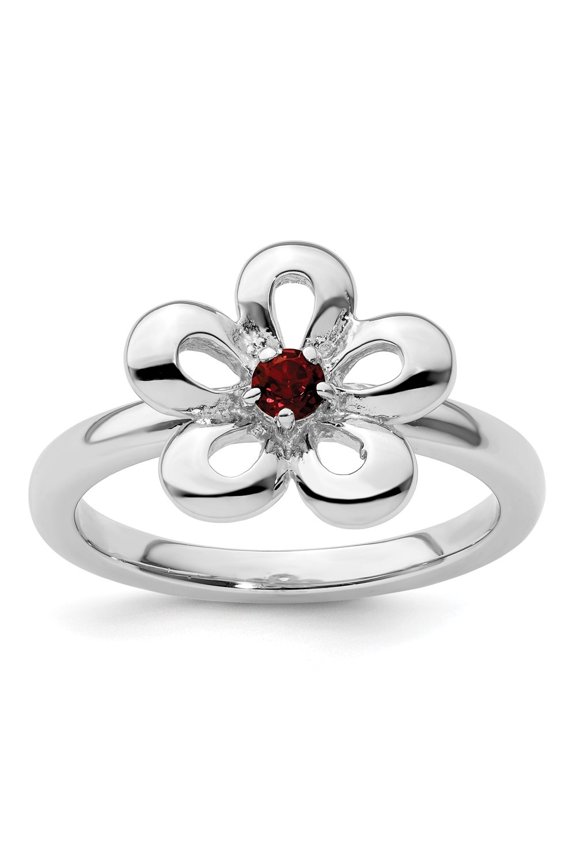 Fine Jewelry 925 Sterling Silver Polished Garnet Flower Ring for Women Size 8