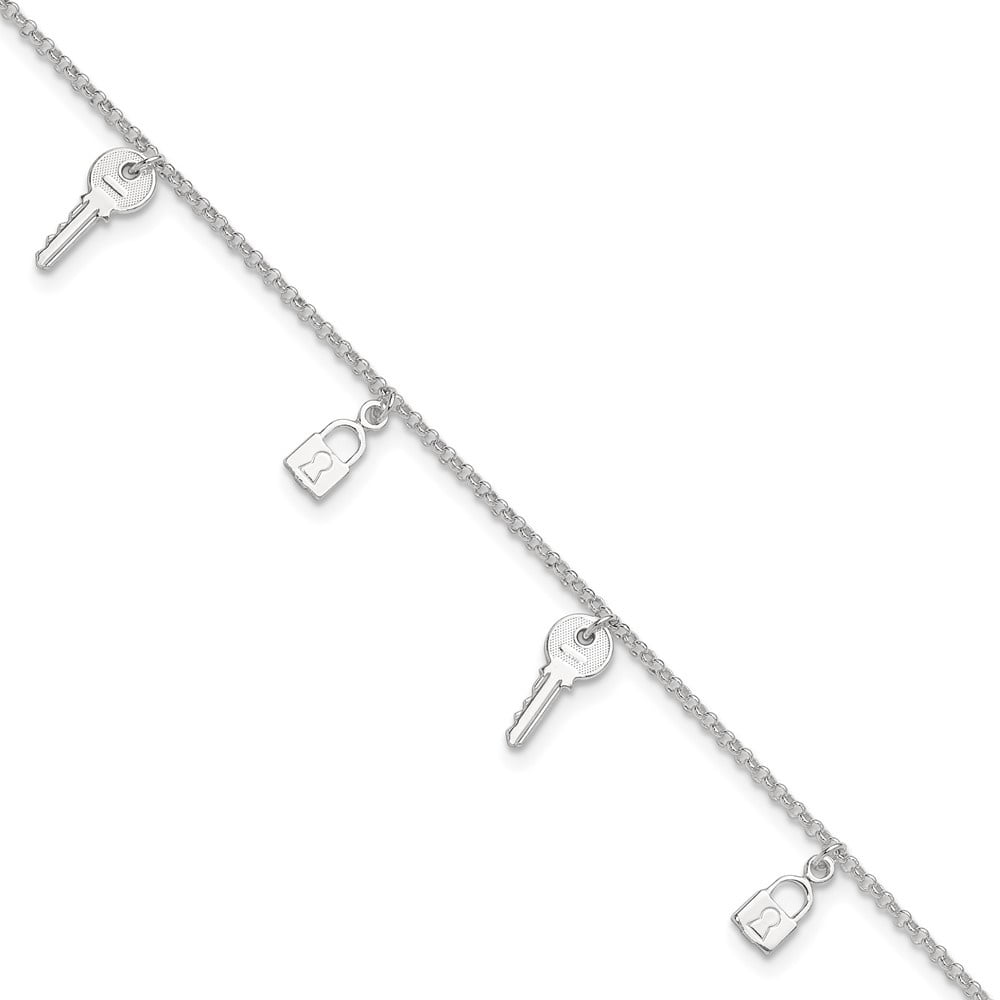 Auriga Fine Jewelry 925 Sterling Silver Polished Lock and Key 10inch Plus 1in Ext. Anklet for Women