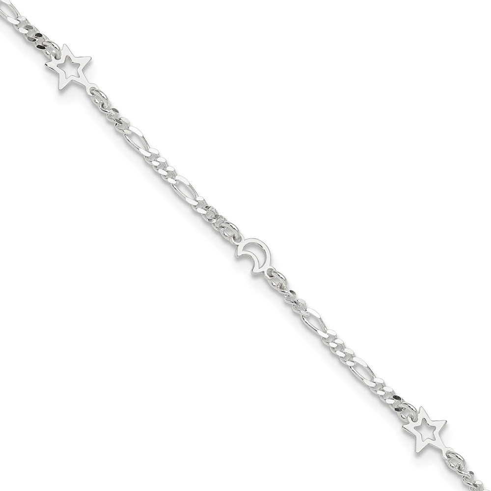 Auriga Fine Jewelry 925 Sterling Silver Polished Moon and Star 10inch Plus 1in Ext. Anklet for Women