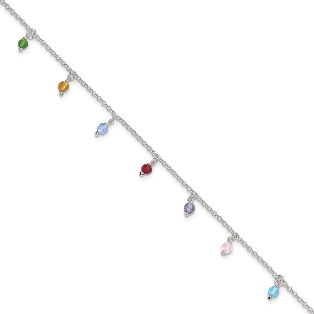 Auriga Fine Jewelry 925 Sterling Silver Polished Multi-colored Beads 10inch Plus 1in ext. Anklet for Women