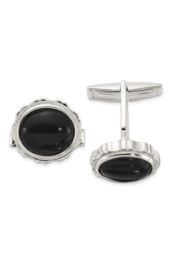 Fine Jewelry 925 Sterling Silver Polished Round with Textured Sides Onyx Cufflinks for Men